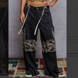 POL Camouflage Patchwork Wide-Leg Pants - Black & Camo